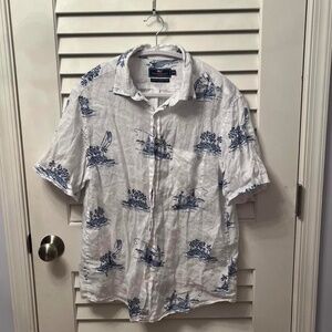 men’s white / blue linen VINEYARD VINES button-up short-sleeve shirt [M]